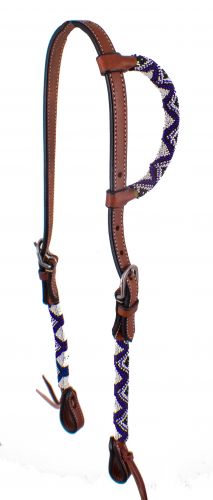 AJ-644: Showman ® Blue Beaded one ear Argentina Cowhide Leather headstall Primary Showman