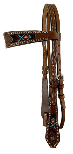 AK-317: Showman ® Medium Brown Argentina cow leather brow-band headstall with beaded inlay design Primary Showman