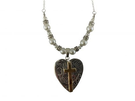 AN2594-TTPL: Silver beaded necklace set with gold cross with silver heart charm, necklace features Primary Showman Saddles and Tack