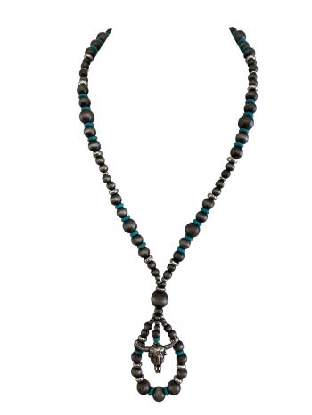 AN2616-SBTQ: 24" silver bead and turquoise beaded necklace set with a steer head charm, Lobster c Primary Showman Saddles and Tack