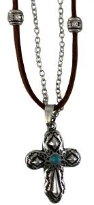 AN2765-SBMT: 18" leather necklace with silver beads and chain with a cross charm, lobster claw cla Primary Showman Saddles and Tack