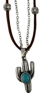 AN2766-SBMT: 18" leather necklace with silver beads and chain with a cactus charm, lobster claw cl Primary Showman Saddles and Tack