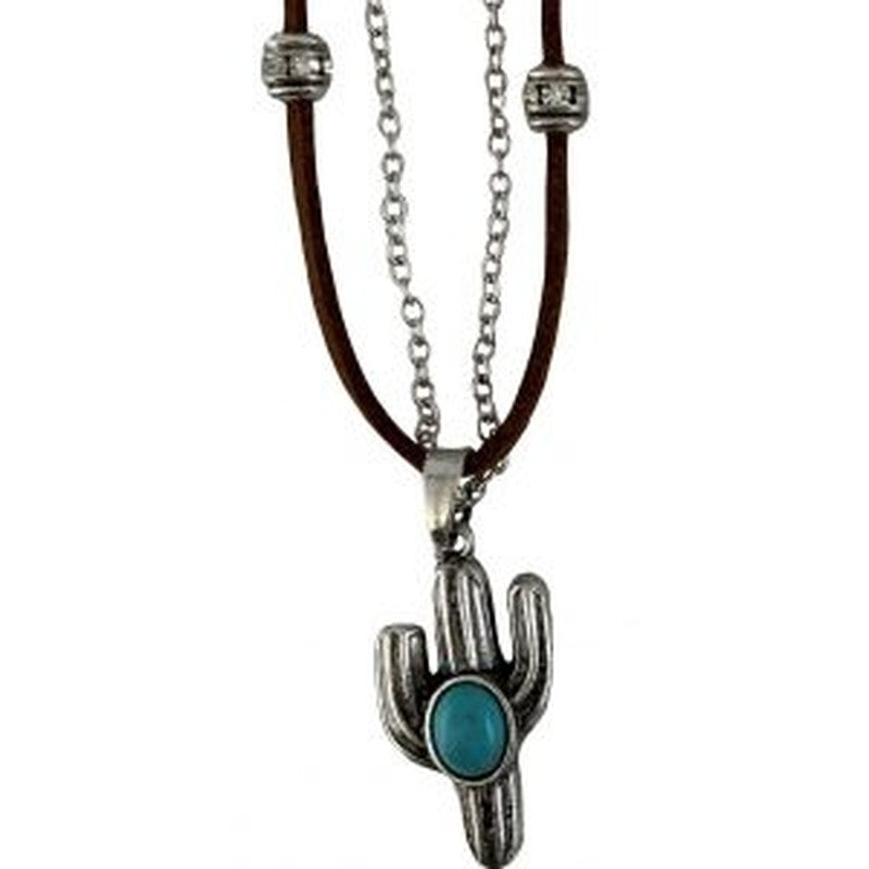AN2766-SBMT: 18" leather necklace with silver beads and chain with a cactus charm, lobster claw cl Primary Showman Saddles and Tack
