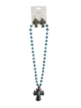 AS6697SBTQ: 18" Silver and turquoise beaded necklace set with 2-1/2" silver cross Primary Showman Saddles and Tack