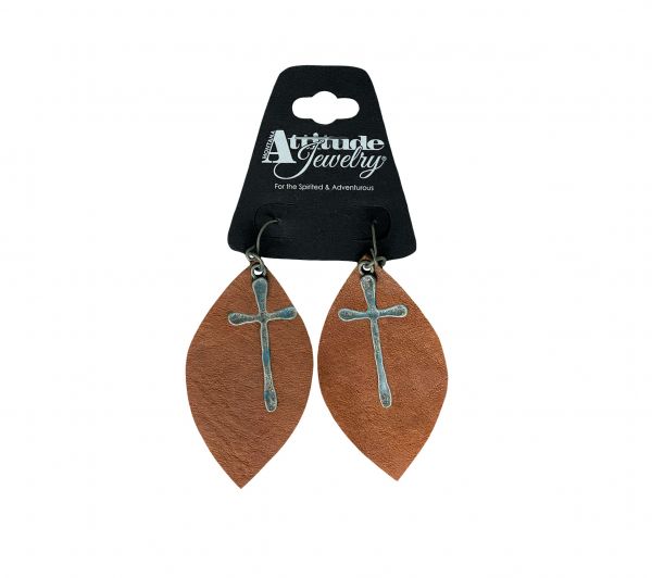 ATTITUDE Earrings with Leather Tear Drop and Cross Accent CLEARANCE This is a Closeout/Discontinued item Default Shiloh