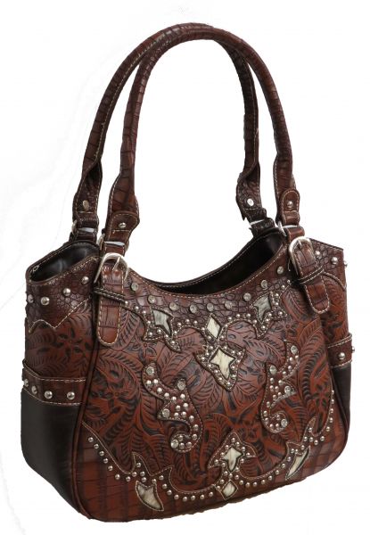 BA1730-B: Brown PU handbag with embossed leather design accented with hair on cowhide Primary Showman Saddles and Tack