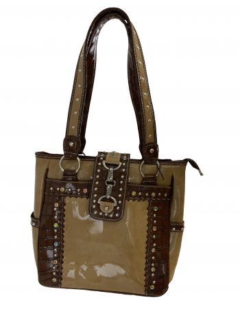 BA1735-C: P&G Tan and dark brown Gator Synthetic Purse w/ Rhinestone accent beads, this purse fea Primary Showman Saddles and Tack