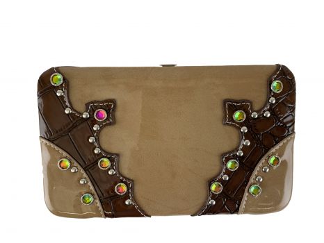 BA1786-A: Tan Clamshell Wallet with Brown Gator Skin Accents and Silver Jewels with Iridescent Bli Primary Showman Saddles and Tack