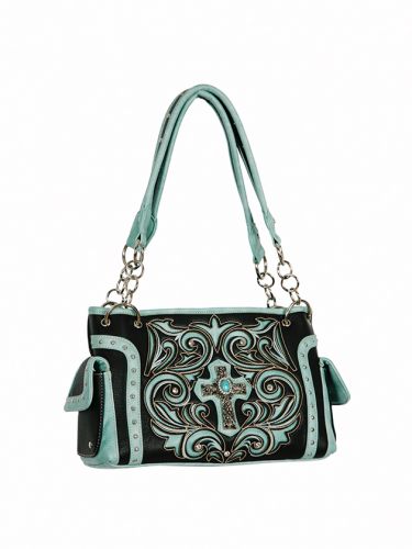 BA1955-B: Black PU leather handbag with light turquoise inlays Primary Showman Saddles and Tack