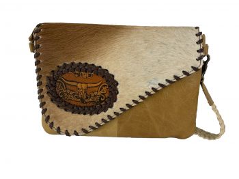 BA2122-C: Tan Genuine Leather Crossbody Bag with cowhide accents, and steer head patch Primary Showman Saddles and Tack