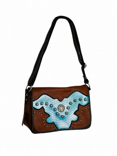 BA2527-C: P and G Collection Medium brown messenger bag with light blue alligator inlay Primary Showman Saddles and Tack
