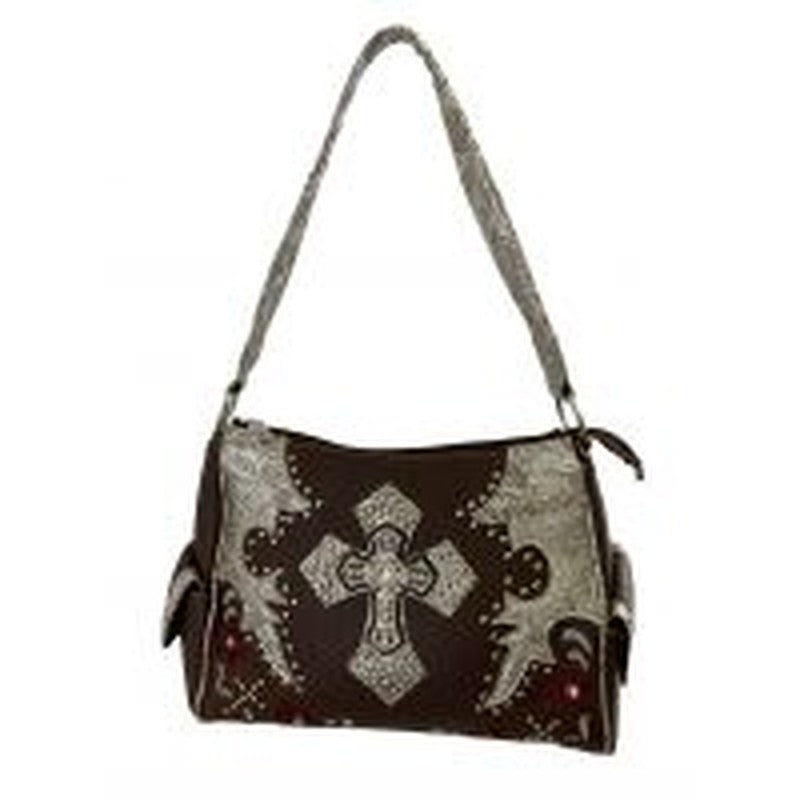 BA2552-B: Dark Brown PU leather handbag with gray embossed accents, burgundy embroidered flowers, Primary Showman Saddles and Tack
