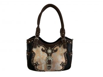BA2555-B: Brown PU leather handbag with peach snakeskin inlays Primary Showman Saddles and Tack