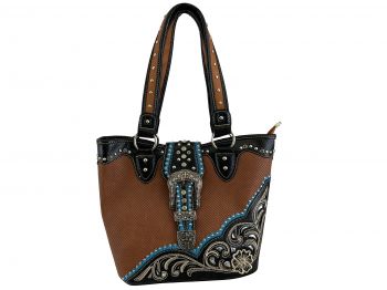 BA2613-J: Brown & Black PU leather handbag with embroidered floral design, silver beads and bling Primary Showman Saddles and Tack