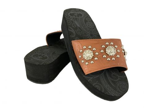 BA2864-A: Western Bling Wedge Flip Flops Tobacco with Leather Strap and flower concho and tiny sil Primary Showman Saddles and Tack