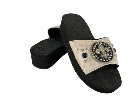 BA2865-A: Cream Ostrich Wedge Flip Flops with fleur de lis Concho and accent beading Primary Showman Saddles and Tack