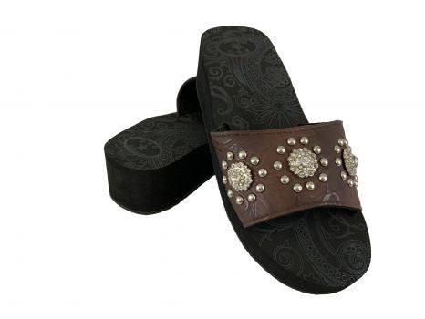 BA2868-B: These flip flops features 2-1/4" brown and burgundy embossed leather with crystal rhines Primary Showman Saddles and Tack