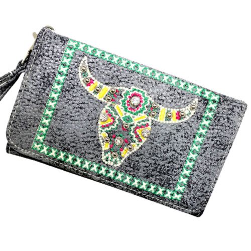 BA3030-A1: Gray PU leather phone wallet with embroidered steer skull Primary Showman Saddles and Tack
