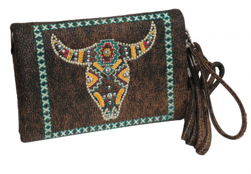 BA3050-A1: Brown PU leather messenger bag style wallet with embroidered steer skull design Primary Showman Saddles and Tack