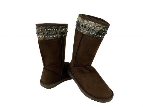 BA3334-C: Dark Brown Suede Tall Boot With Camo Print Accent with Beading Primary Showman Saddles and Tack