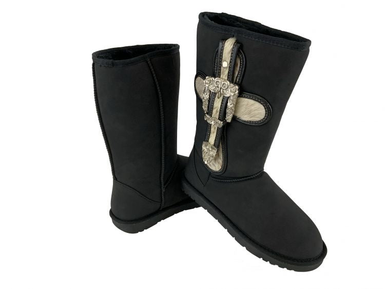 BA3337-DL: Black suede tall boot with cross buckle and cowhide Primary Showman Saddles and Tack