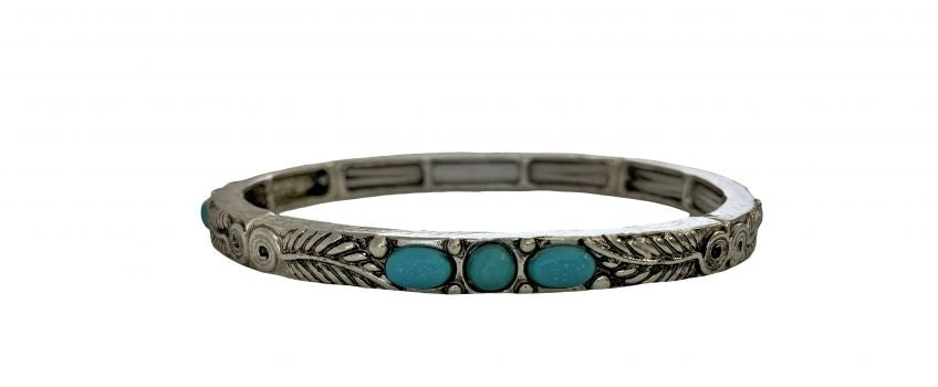 BB00803-SBTQ: Metal bracelet with feather engraved and teal stones Primary Showman Saddles and Tack