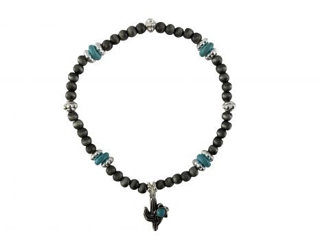 BB01147ASTQ: Western design silver & turquoise beaded bracelet with cactus dangle charm, bracelets Primary Showman Saddles and Tack
