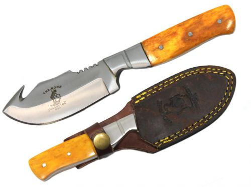 BC-804-YBN: Bone Collector Gut Hook Blade Skinning Hunting Knife with Leather Sheath Primary Showman Saddles and Tack