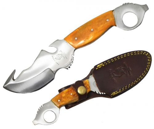 BC-806-YBN: Bone Collector Gut Hook Blade Skinning Hunting Knife with Leather Sheath Primary Showman Saddles and Tack