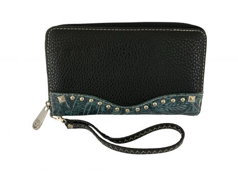 BE2703-A: Black Leather Wristlet with silver jewels and teal overlay Primary Showman Saddles and Tack
