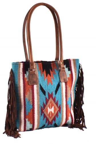 BG-01: Genuine Leather Teal and Orange Saddle Blanket Handbag with Fringe Primary Showman Saddles and Tack