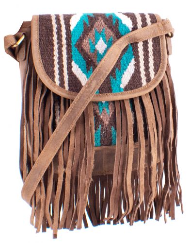 BG-08: Showman ® Genuine Leather Teal and Brown Saddle Blanket Cross body Bag with Fringe Primary Showman