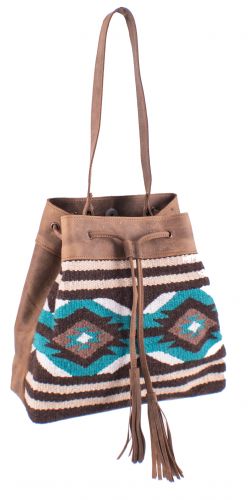 BG-09: Showman ® Genuine Leather Teal and Brown Saddle Blanket Bucket Bag Primary Showman