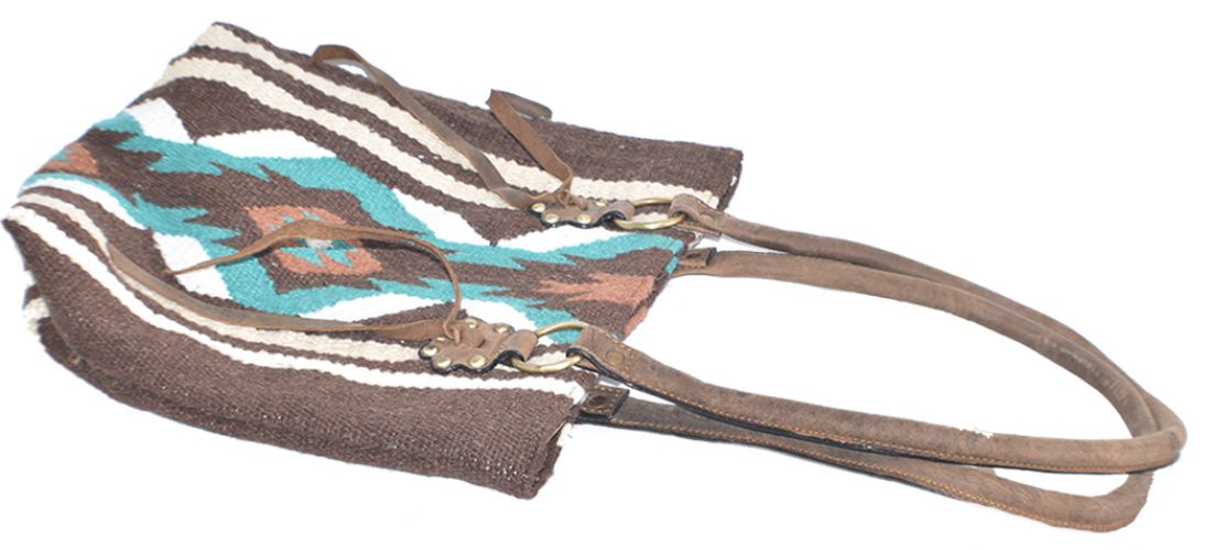 BG-12: Genuine Leather 100% Wool Teal and Brown Saddle Blanket Handbag Primary Showman Saddles and Tack