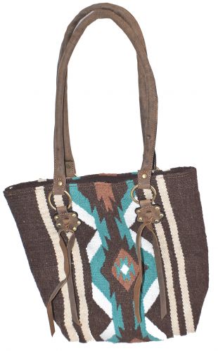 BG-12: Genuine Leather 100% Wool Teal and Brown Saddle Blanket Handbag Primary Showman Saddles and Tack