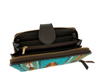BG-13: Showman ® Genuine Leather 100% Wool Turquoise and Brown Saddle Blanket Wallet Primary Showman