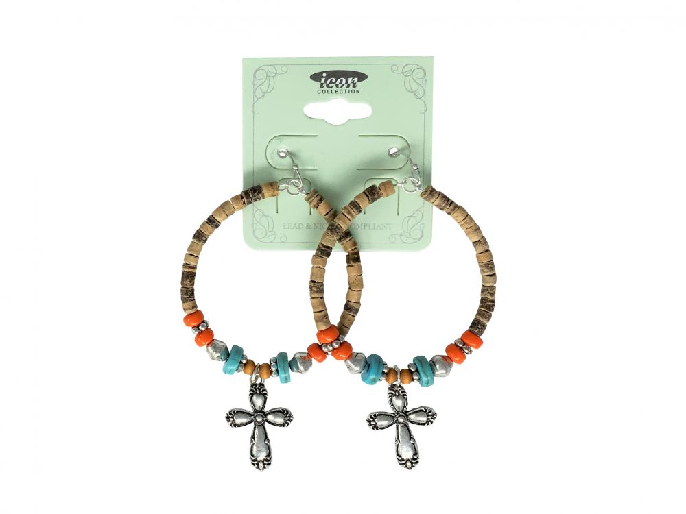 Beaded Hoop earrings with colored bead accents and cross charm Lead and Nickel Compliant Default Shiloh