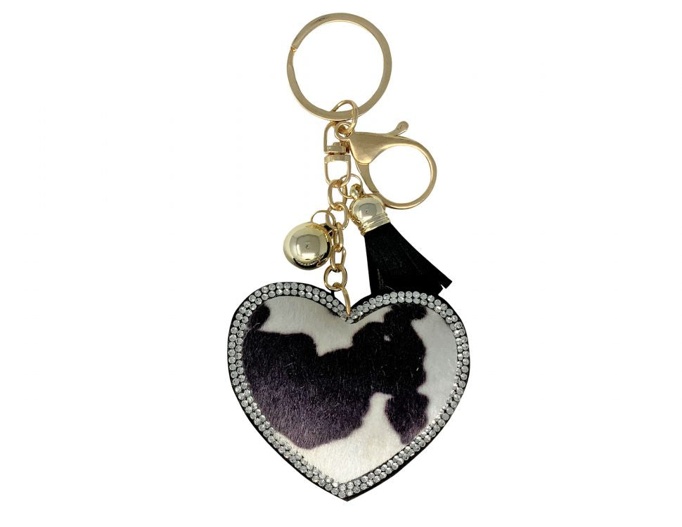 Bedazzled hair on cowhide heart keychain with clip and tassel Default Shiloh