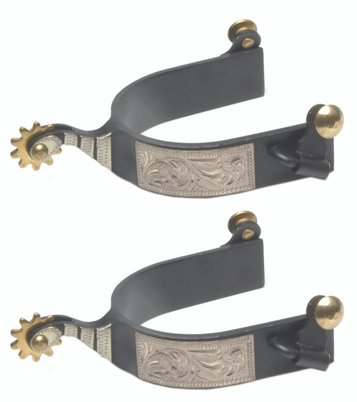 Black Steel Roping Spurs Engraved German Silver-TexanSaddles.com