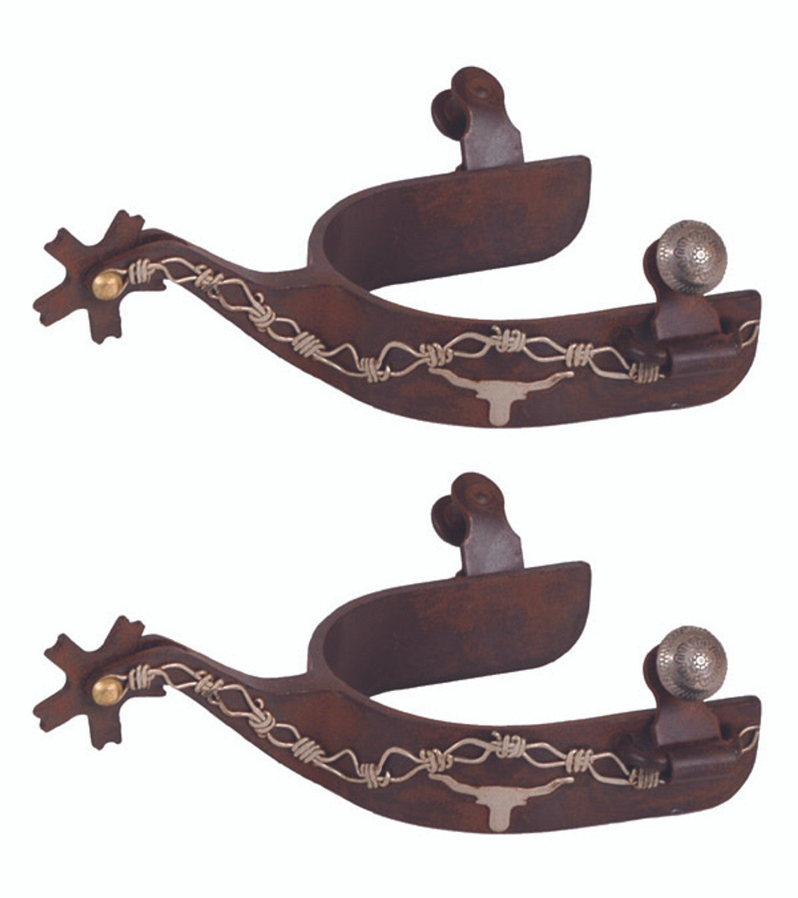 Brown Steel Spurs German Silver Barbed Wire Trim-TexanSaddles.com