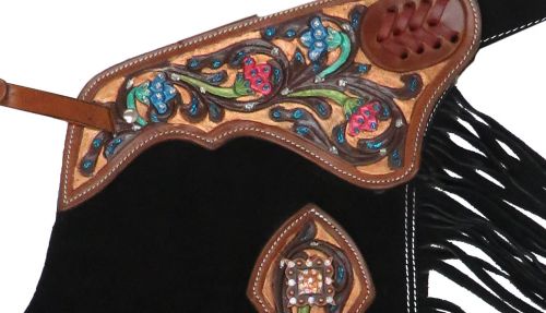 CH-01: Showman ® suede leather chinks with painted tooling Leather Chinks Showman