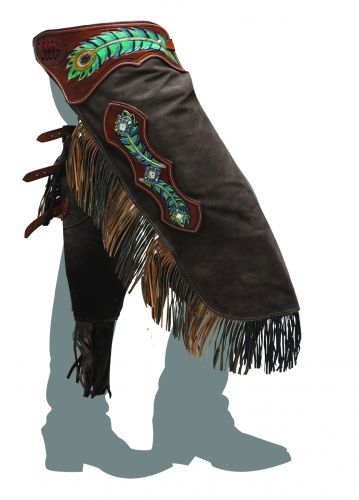 CH-03: Showman ® suede leather chinks with painted peacock feather tooling Leather Chinks Showman