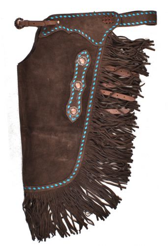 CH-07: Showman ® Dark Brown Suede leather chinks with turquoise buckstitch Leather Chinks Showman