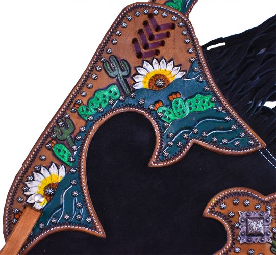 CH-08: Showman ® Black suede leather chinks with hand painted sunflower and cactus design Leather Chinks Showman