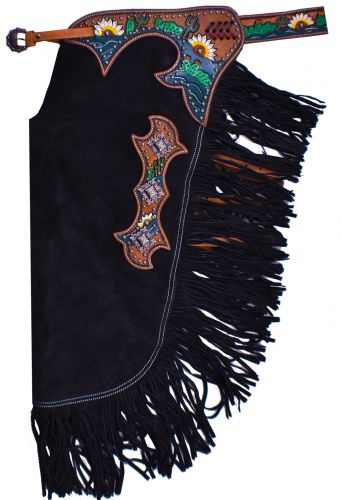 CH-08: Showman ® Black suede leather chinks with hand painted sunflower and cactus design Leather Chinks Showman