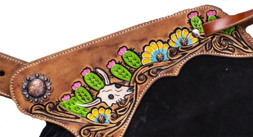 CH-09: Showman ® Black suede leather chinks with hand painted steer skull, sunflowers and cactus d Leather Chinks Showman