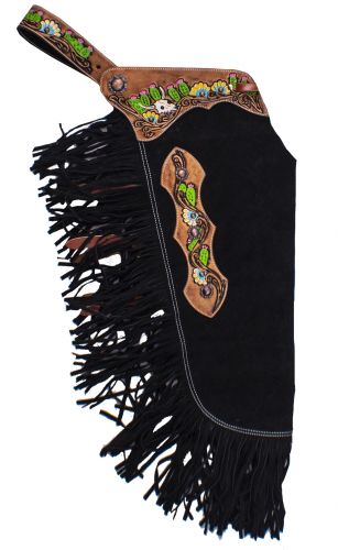 CH-09: Showman ® Black suede leather chinks with hand painted steer skull, sunflowers and cactus d Leather Chinks Showman