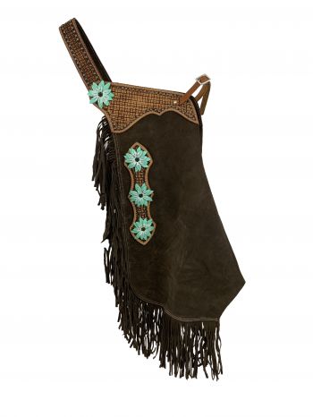 CH-10: Showman ® Brown suede leather chinks with hand painted 3D teal flower design Leather Chinks Showman