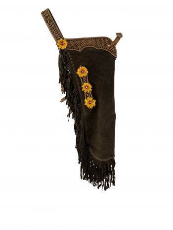 CH-11: Showman ® Brown suede leather chinks with hand painted 3D sunflower design Leather Chinks Showman