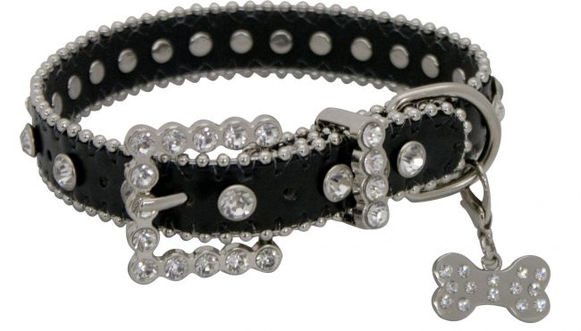 D001-B: Showman Couture ™ Black leather dog collar with crystal rhinestones Primary Showman